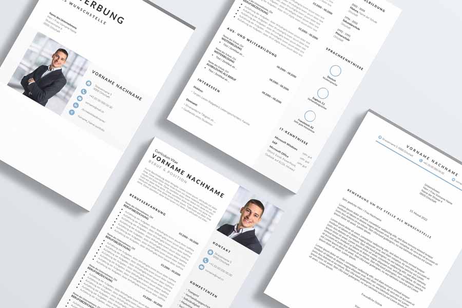 2202 Professionelle Bewerbungsvorlage Aargau für Word in Blaugrau, modernes Layout
