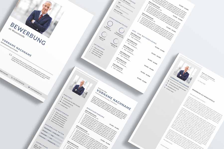 Professionelle Bewerbungsvorlage Nr. 19 Biel im Hochformat in Farbe Dunkelblau und Grau, modernes Design