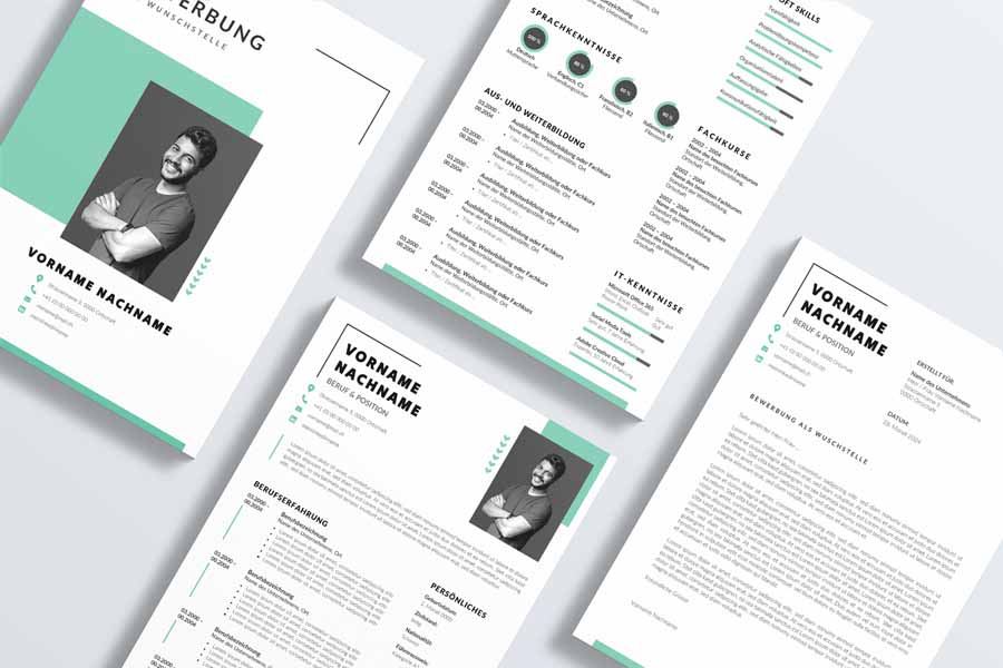 Professionelle Bewerbungsvorlage Nr. 23 für MS Word und als PDF in Farbe grün, modernes Layout, editierbar
