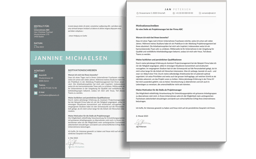 Zeitgemässe Designvorlage für Ihr attraktives Motivationsschreiben im A4 Format von Bewerbungsbox.