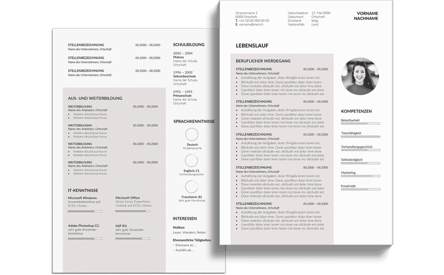 Zeitgemässe Bewerbungsvorlage für Ihren professionellen Lebenslauf von Bewerbungsbox im A4 Format.